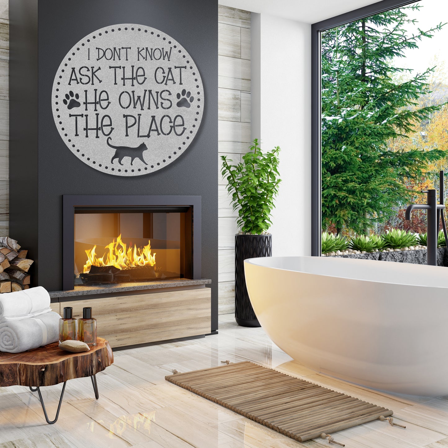 I Don’t Know, Ask the Cat, He Owns the Place’ customizable metal sign, pet-themed wall decor for cat lovers, durable 18-gauge steel in five colors, perfect for indoor or outdoor use. Shown in Silver.