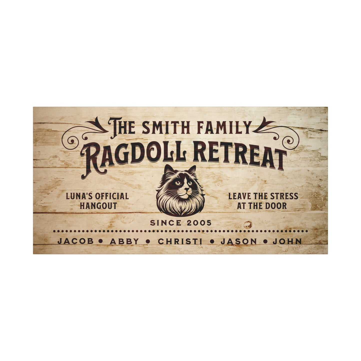 Ragdoll Retreat customizable canvas print, personalized with family names and cat’s name, ideal wall decor for Ragdoll cat lovers.