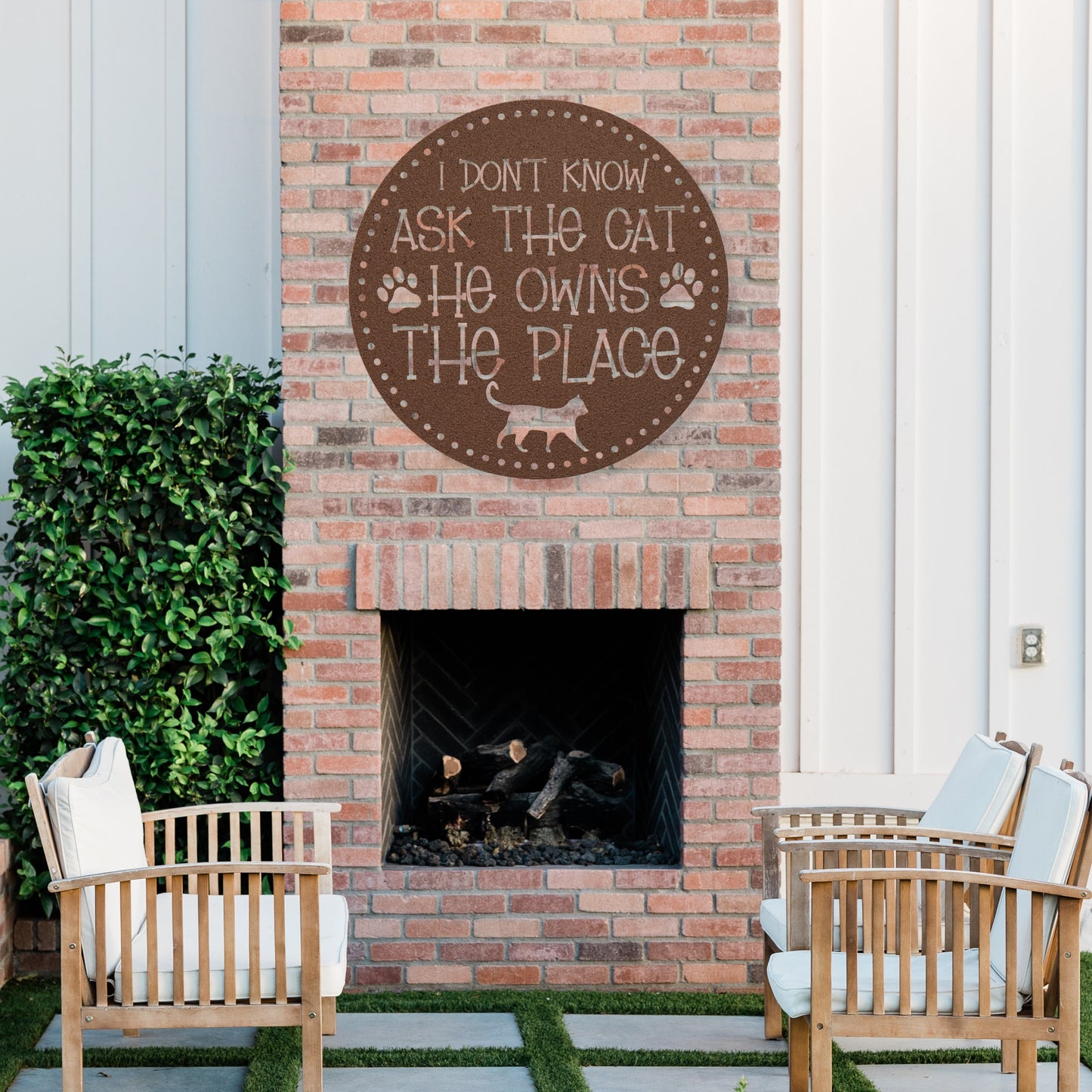 I Don’t Know, Ask the Cat, He Owns the Place’ customizable metal sign, pet-themed wall decor for cat lovers, durable 18-gauge steel in five colors, perfect for indoor or outdoor use. Shown in Copper.
