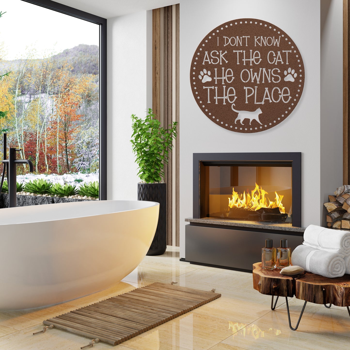 I Don’t Know, Ask the Cat, He Owns the Place’ customizable metal sign, pet-themed wall decor for cat lovers, durable 18-gauge steel in five colors, perfect for indoor or outdoor use. Shown in Copper.