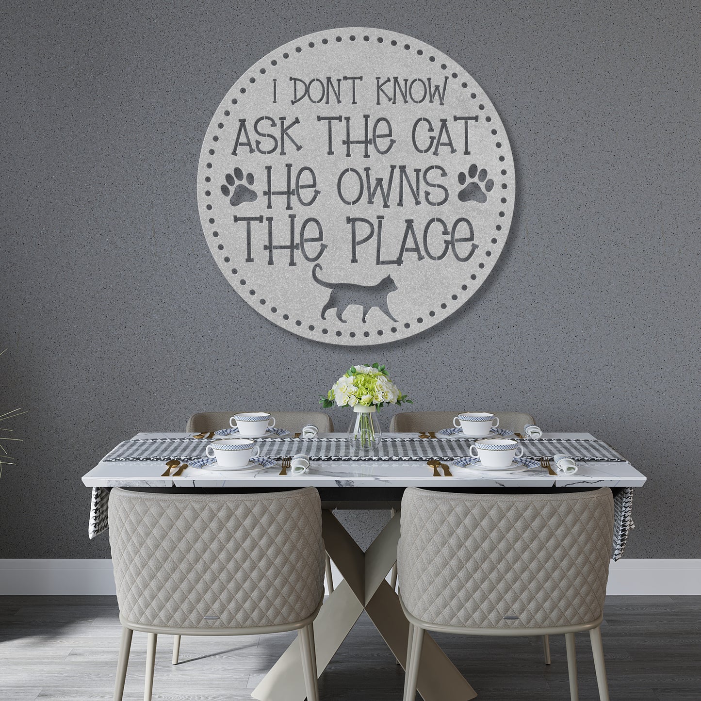 I Don’t Know, Ask the Cat, He Owns the Place’ customizable metal sign, pet-themed wall decor for cat lovers, durable 18-gauge steel in five colors, perfect for indoor or outdoor use. Shown in Silver.