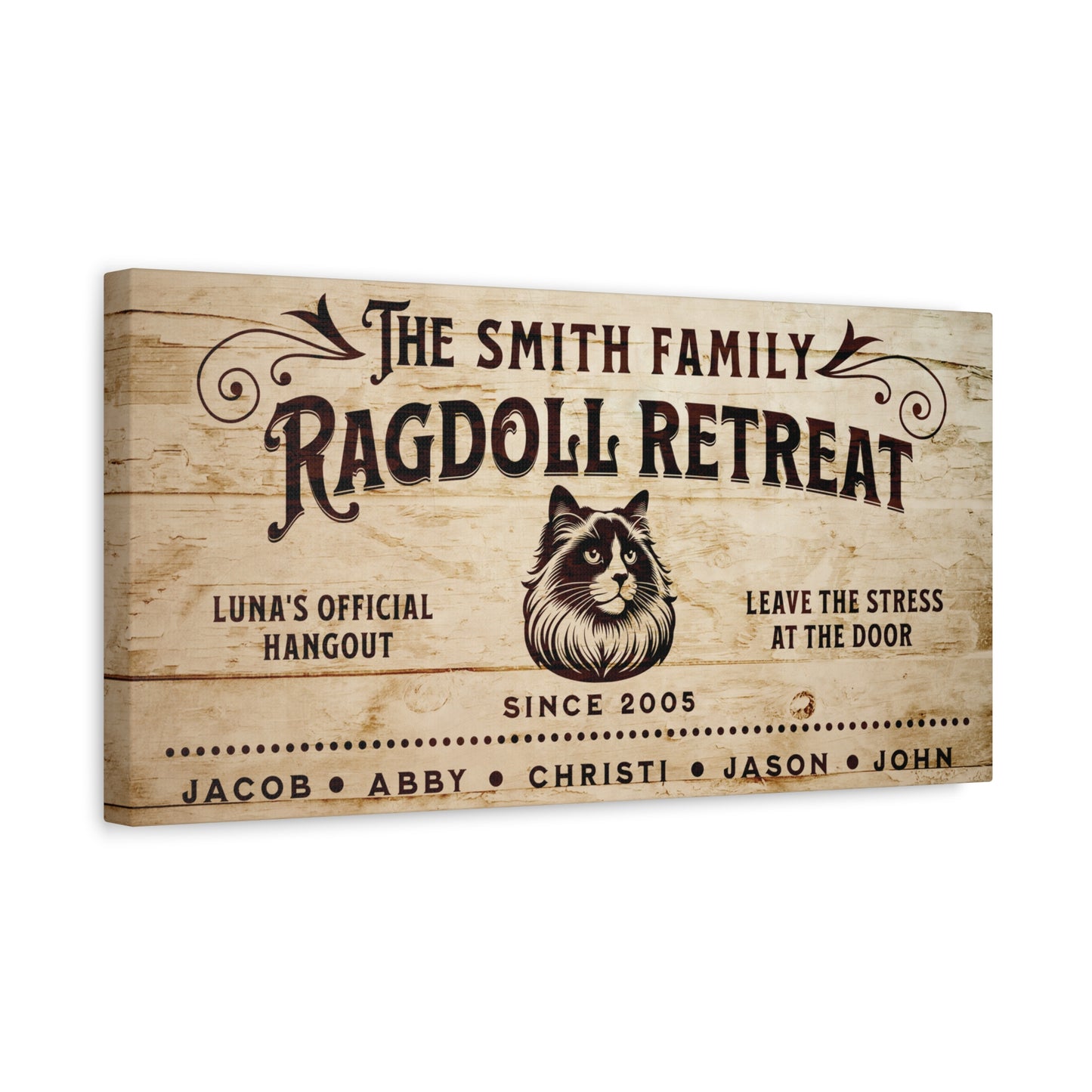 Ragdoll Retreat customizable canvas print, personalized with family names and cat’s name, ideal wall decor for Ragdoll cat lovers.