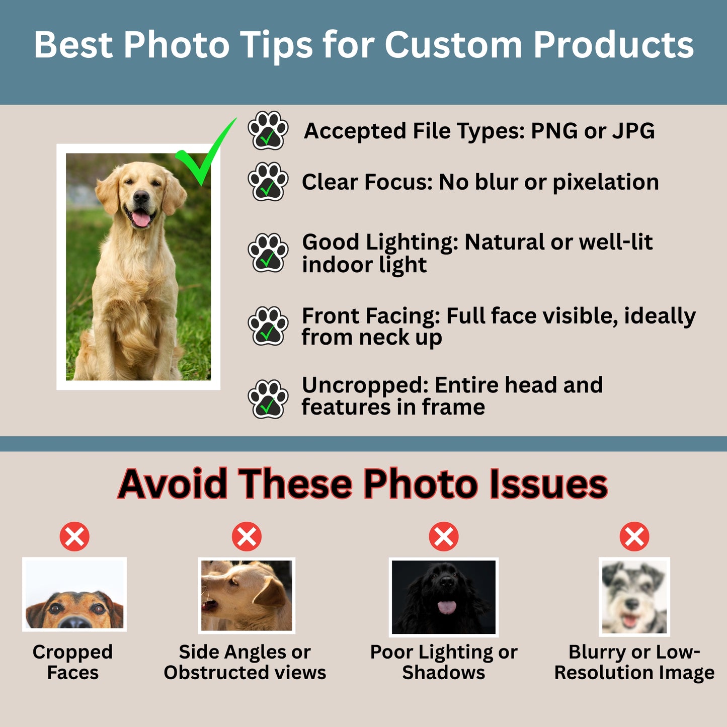 Best photo tips for custom products: upload clear PNG or JPG files, use good lighting, front-facing photos, avoid cropped faces, bad angles, and blurry images.