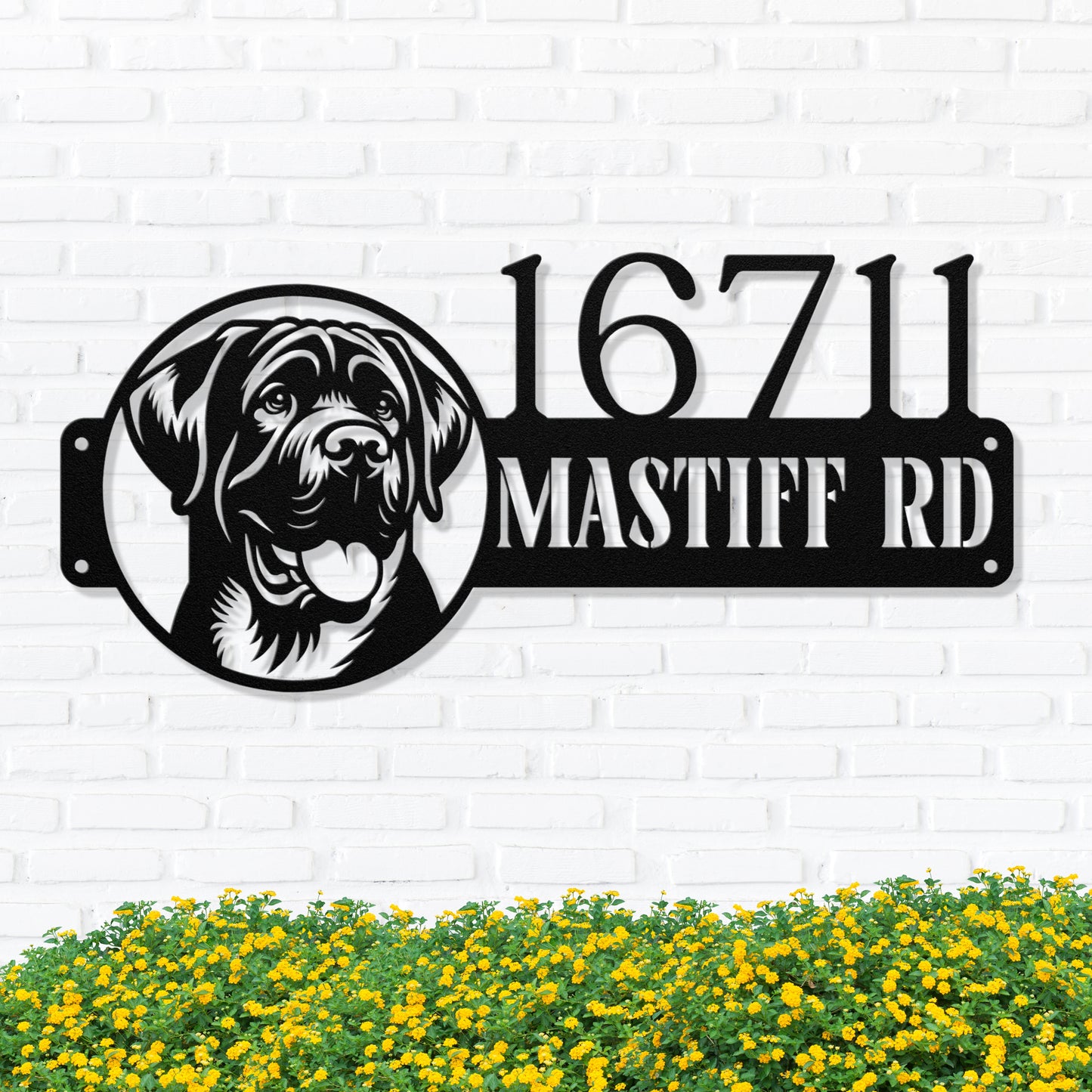 Custom black English Mastiff metal address sign with personalized house number, durable 18-gauge steel, weatherproof for indoor and outdoor decor.
