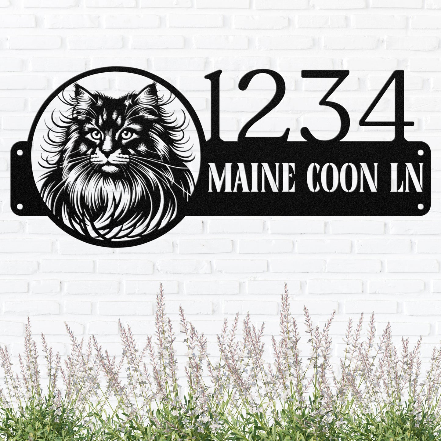 Custom black Maine Coon cat metal address sign with personalized house number, crafted from durable 18-gauge steel, weatherproof for indoor and outdoor use