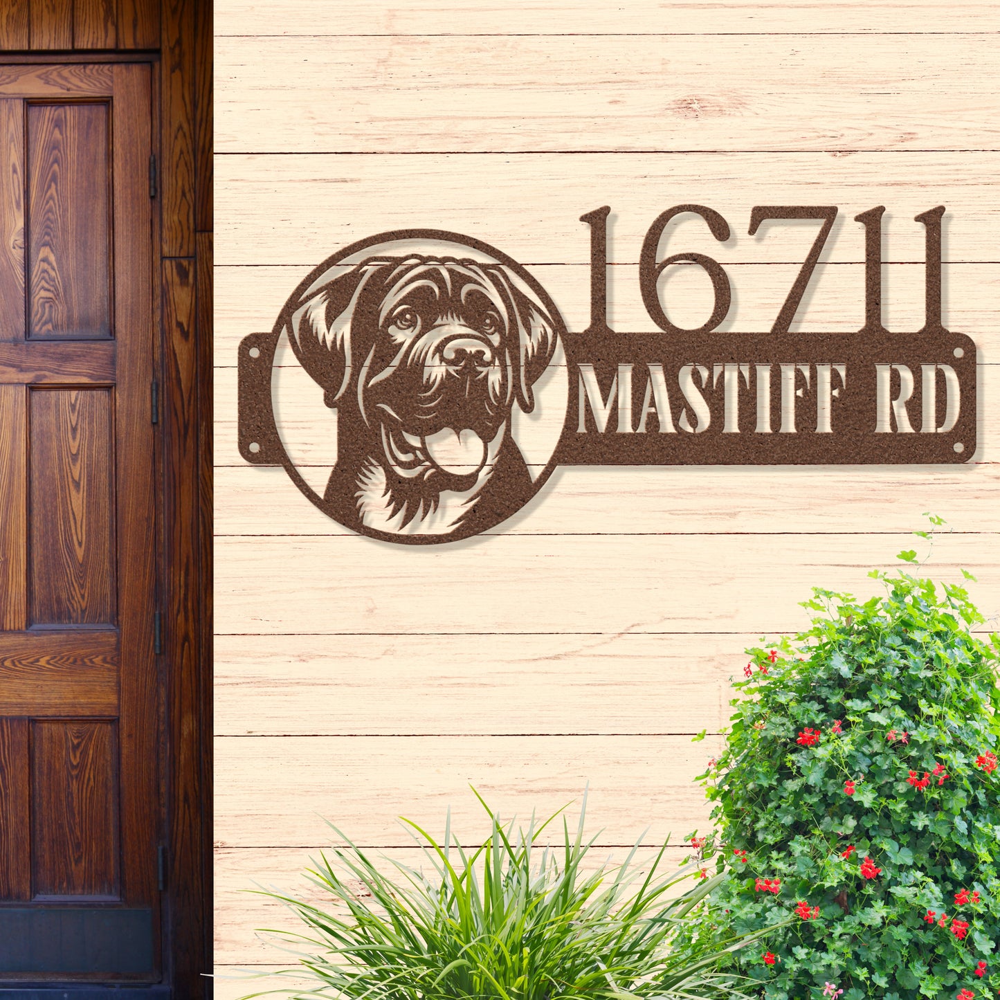Custom copper English Mastiff metal address sign with elegant design, made from powder-coated 18-gauge steel for weather-resistant home decor.