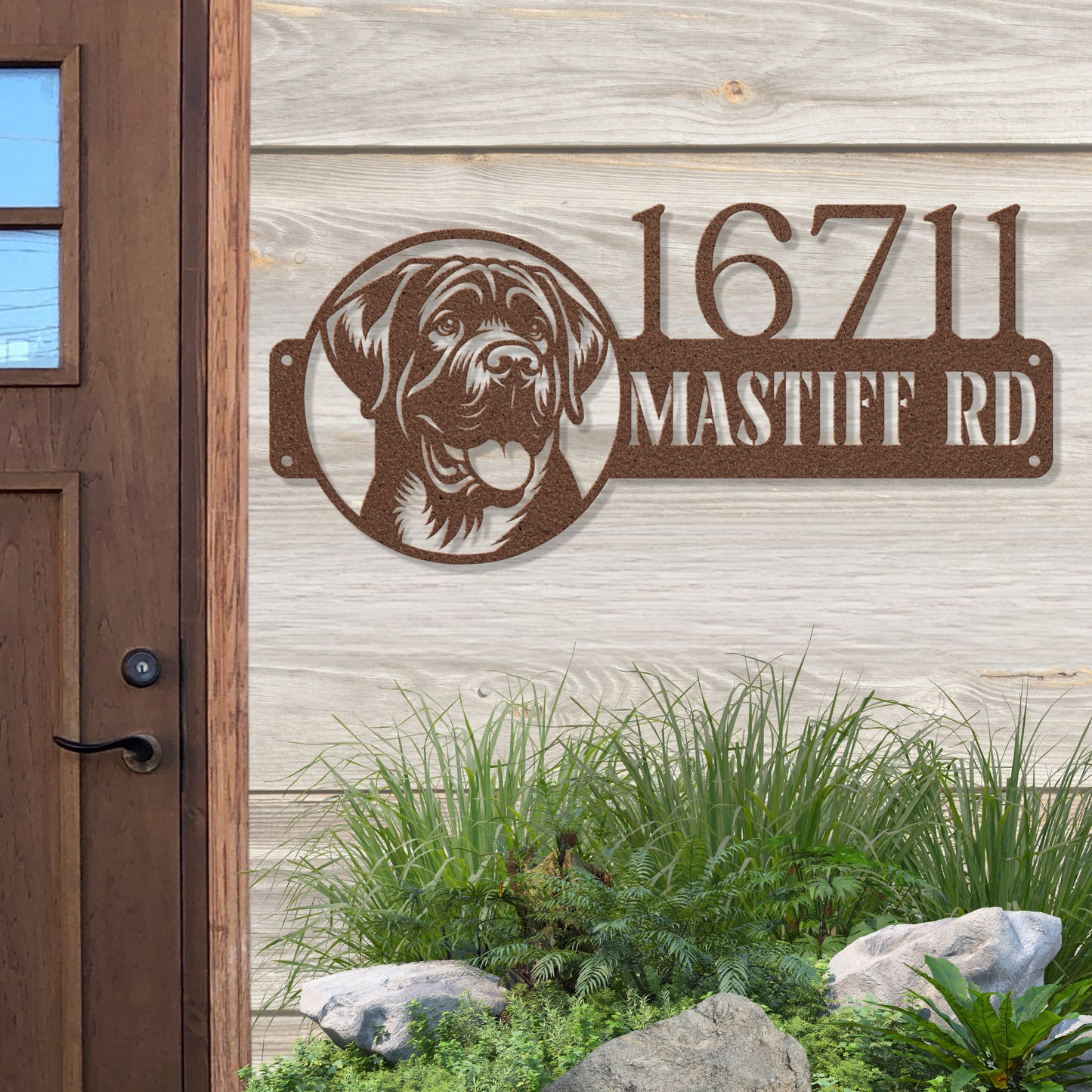 Custom copper English Mastiff metal address sign with elegant design, made from powder-coated 18-gauge steel for weather-resistant home decor.