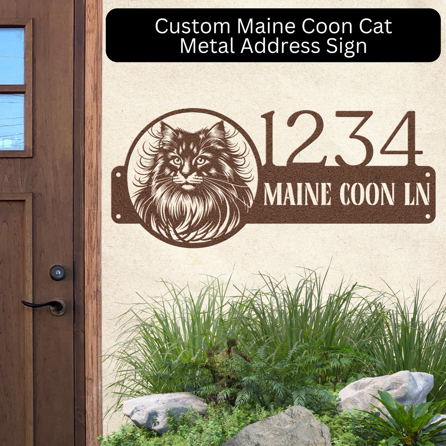 Custom copper Maine Coon cat metal address sign featuring a detailed Maine Coon silhouette, crafted from 18-gauge steel with a weather-resistant powder-coated finish.