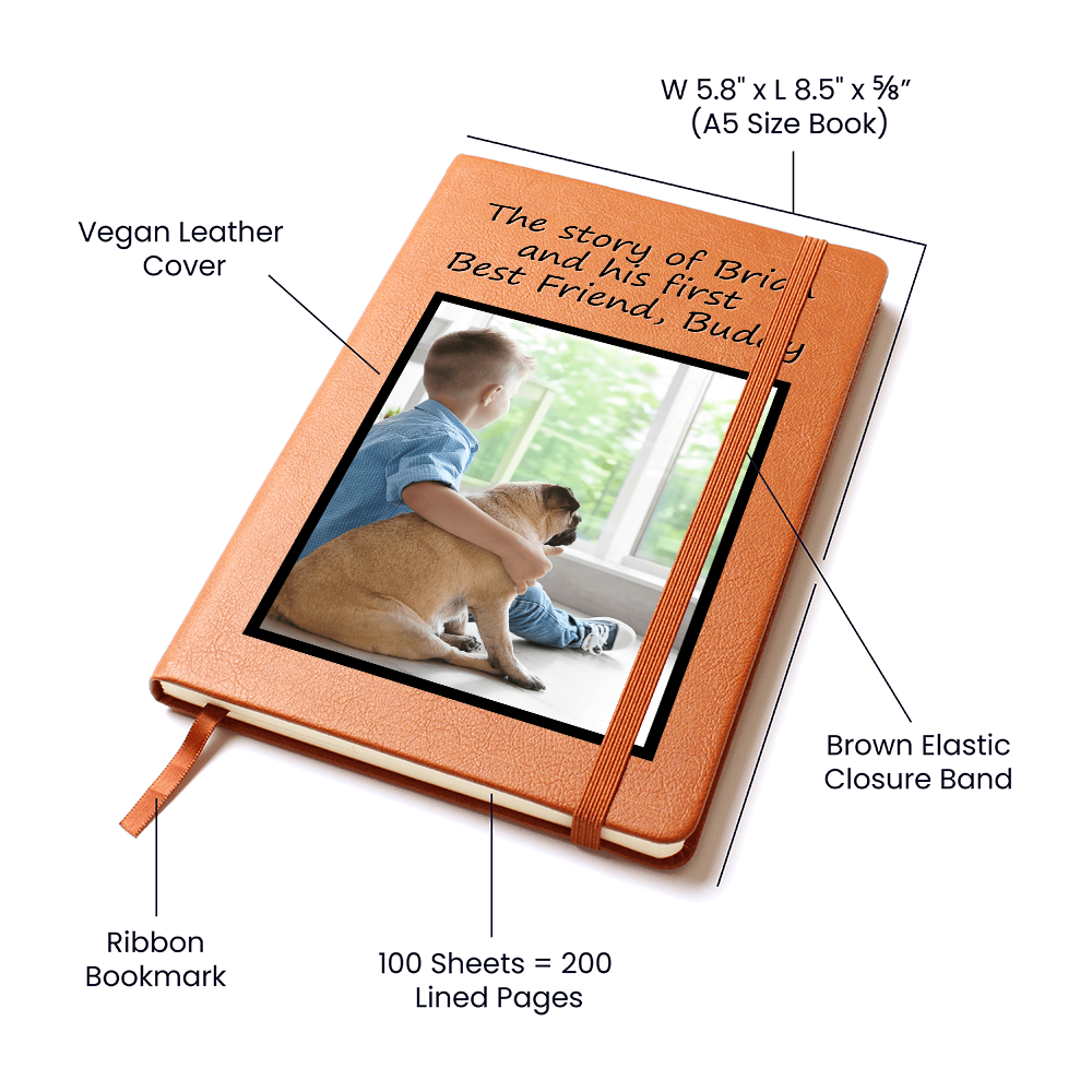 Journal details showing size, ribbon bookmark, page count, and vegan leather cover
