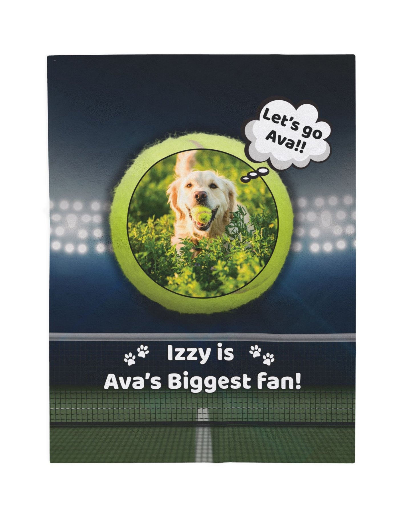 Custom pet blanket featuring a golden retriever holding a tennis ball inside a bright green tennis ball frame, with the text “Izzy is Ava’s Biggest Fan!” and a tennis court background under stadium lights.