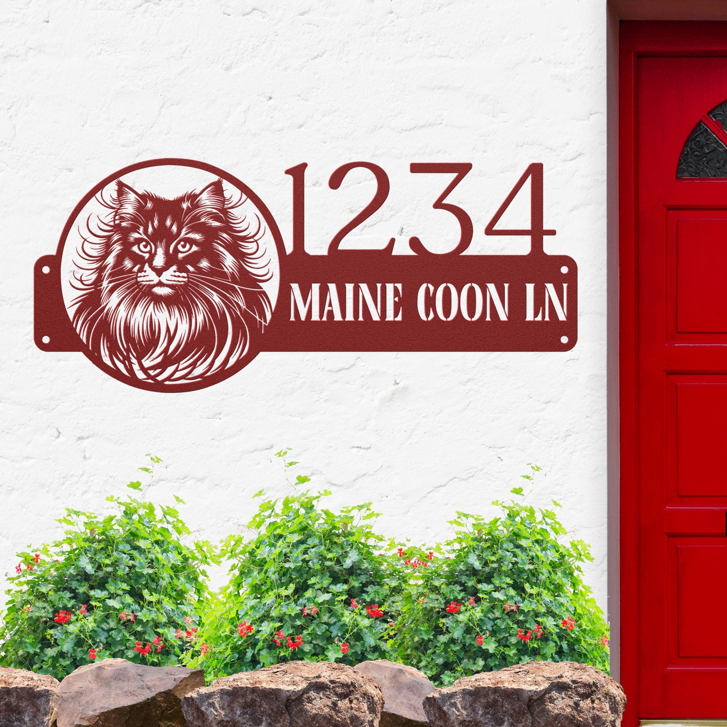 Personalized red Maine Coon cat metal address sign, made from powder-coated 18-gauge steel, designed for long-lasting outdoor or indoor display.