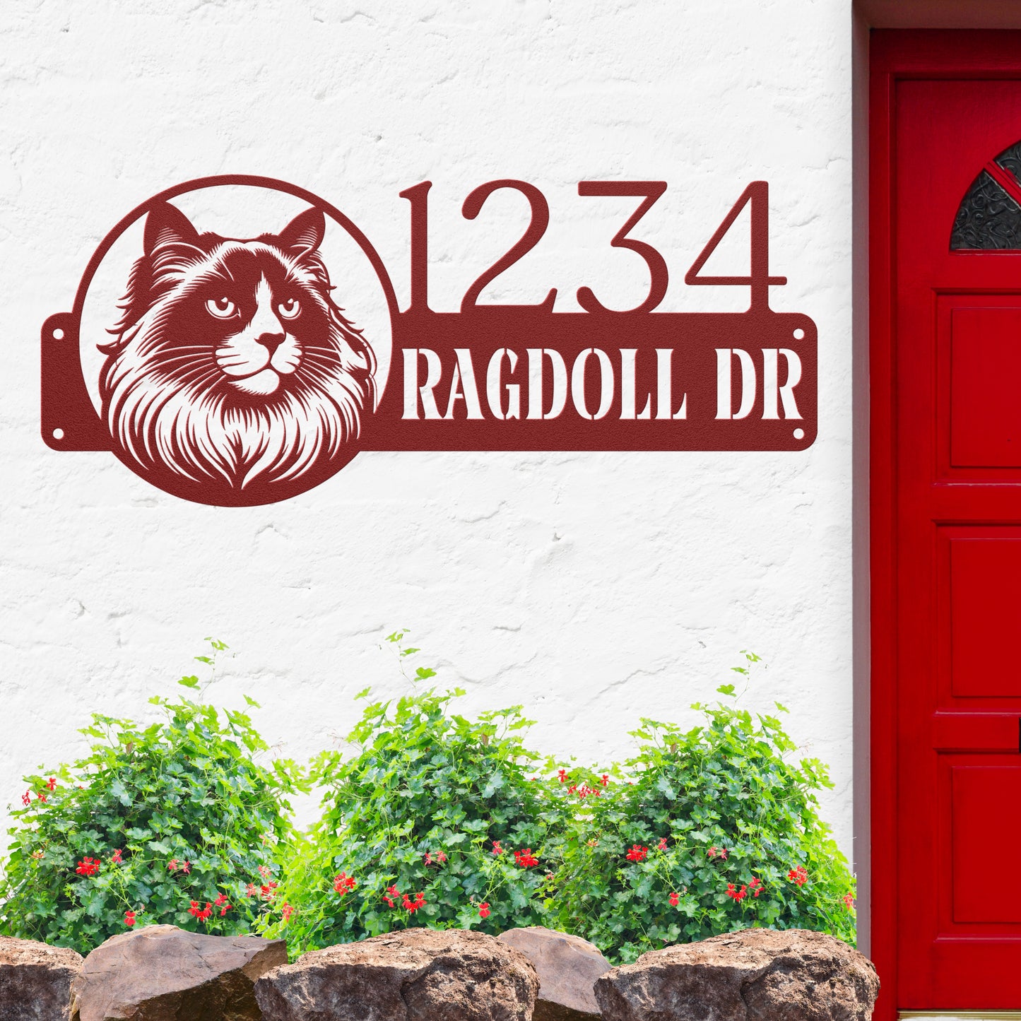 Personalized red Ragdoll cat metal address sign, made from powder-coated 18-gauge steel, designed for long-lasting outdoor or indoor display.