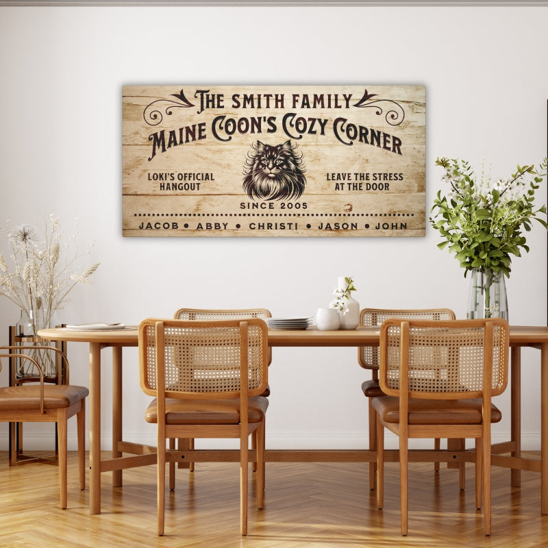 Custom family name, Maine Coon's Cozy corner with a picture of a Main Coon Head, Cat's Name Official Hangout, Leave the stress at the door, established date, and family names.