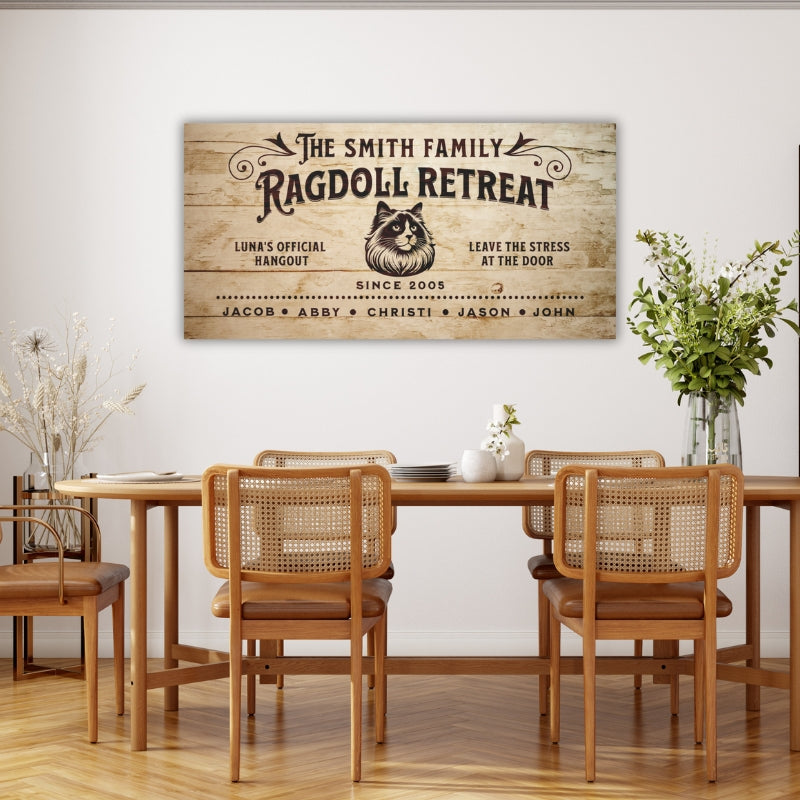 Ragdoll Retreat customizable canvas print, personalized with family names and cat’s name, ideal wall decor for Ragdoll cat lovers.