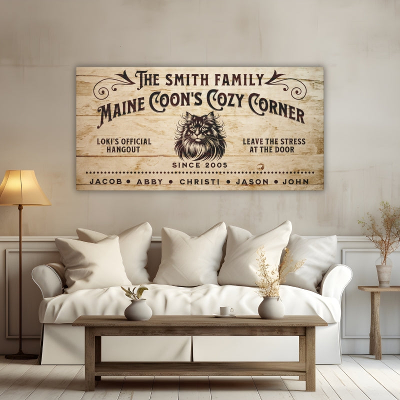 Custom family name, Maine Coon's Cozy corner with a picture of a Main Coon Head, Cat's Name Official Hangout, Leave the stress at the door, established date, and family names.