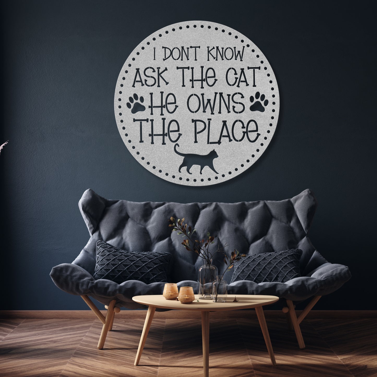 I Don’t Know, Ask the Cat, He Owns the Place’ customizable metal sign, pet-themed wall decor for cat lovers, durable 18-gauge steel in five colors, perfect for indoor or outdoor use. Shown in Silver.