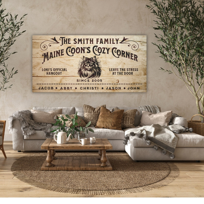 Custom family name, Maine Coon's Cozy corner with a picture of a Main Coon Head, Cat's Name Official Hangout, Leave the stress at the door, established date, and family names.