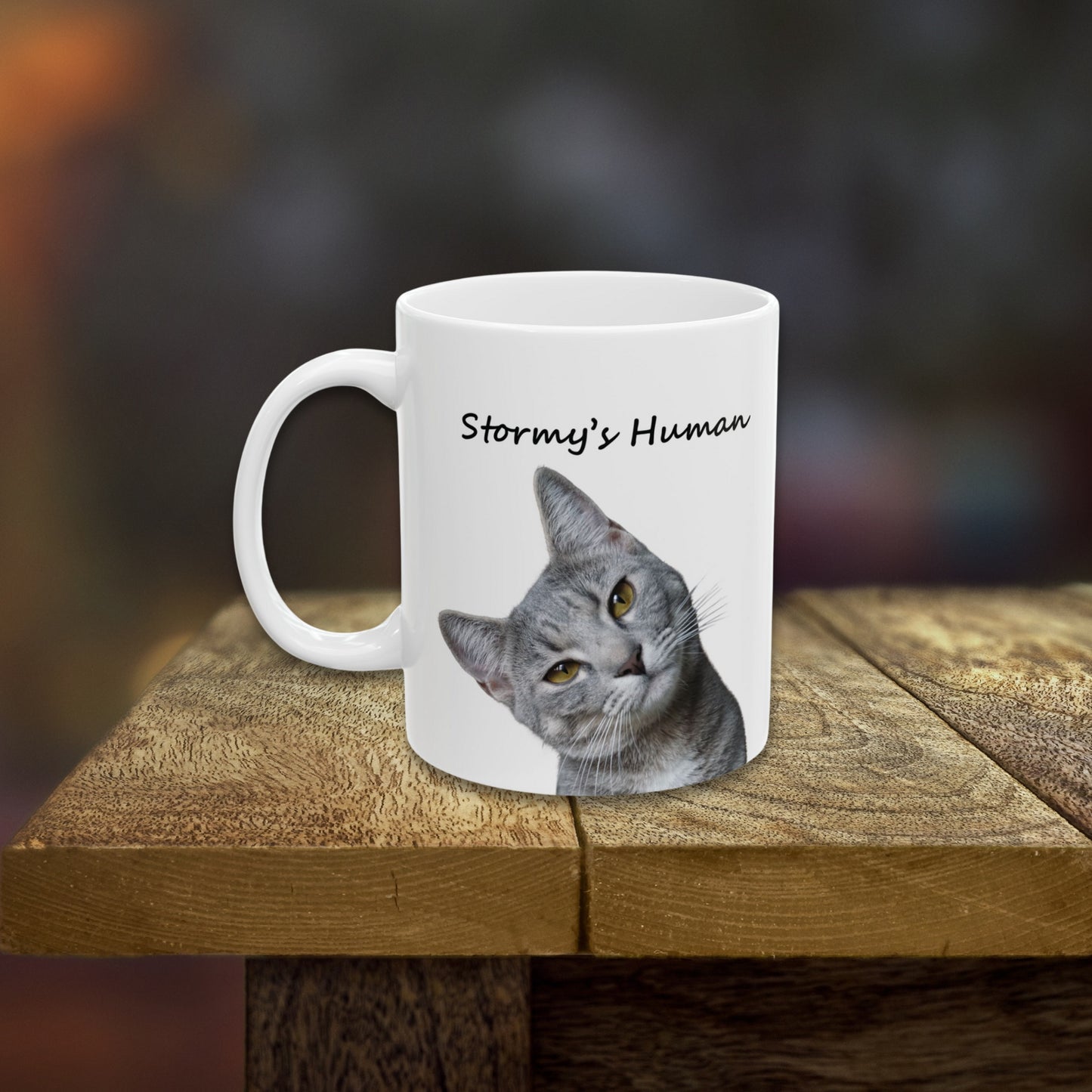 Personalized ceramic mug with uploaded cat photo and custom pet name