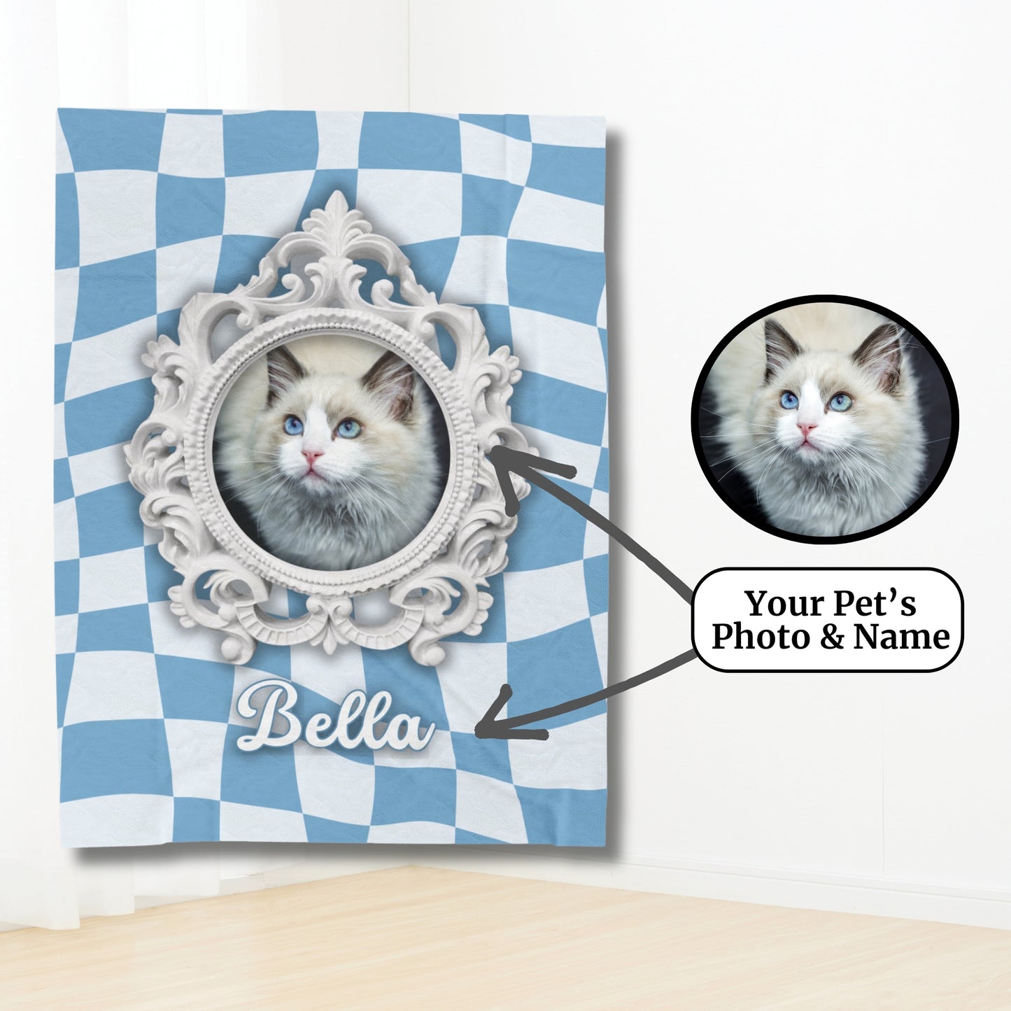 Personalized cat blanket mockup showing baroque frame, pet photo, and name "Bella" with labeled feature callouts for photo and name customization