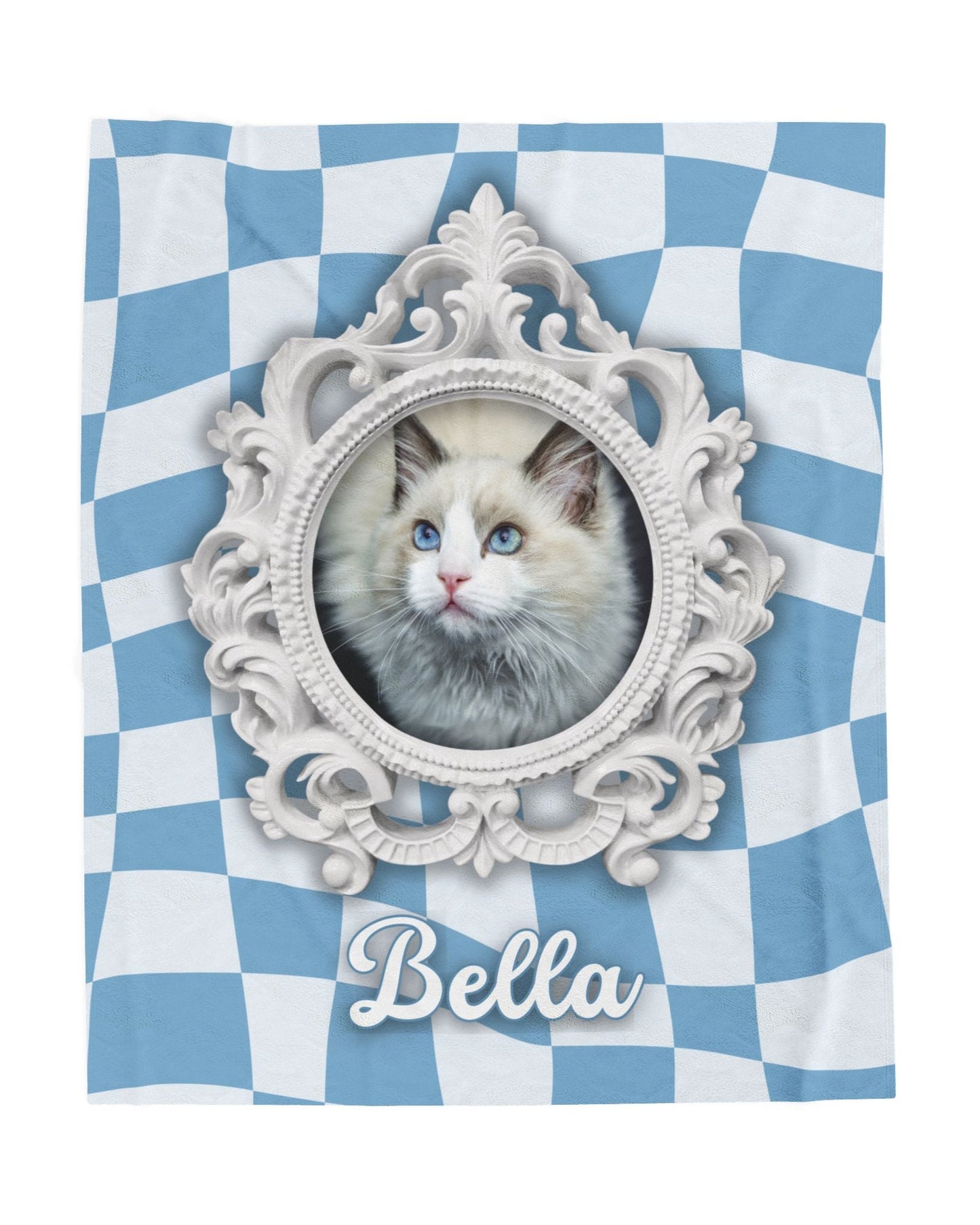 Flat image of personalized cat blanket featuring ornate white frame, photo of cat, and pet name on blue and white checkered background