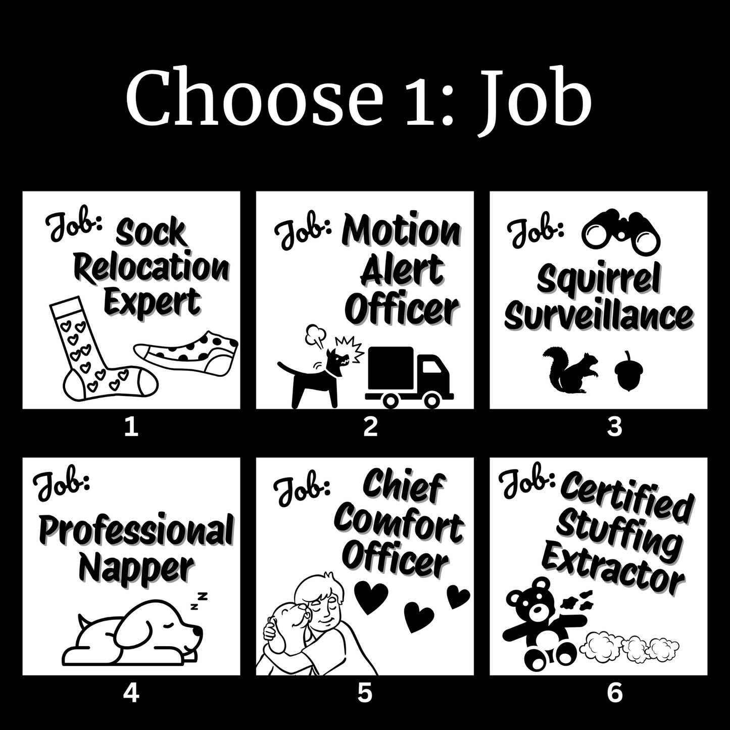 Personalized dog blanket customization options for "Job" title, featuring six humorous dog roles like Sock Relocation Expert, Motion Alert Officer, and Certified Stuffing Extractor