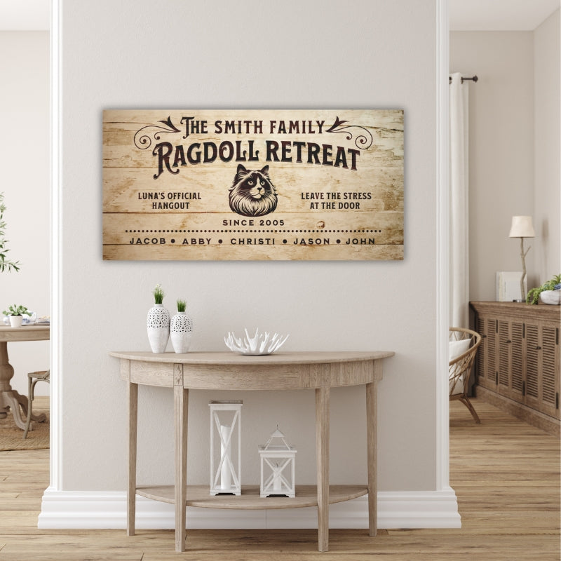 Ragdoll Retreat customizable canvas print, personalized with family names and cat’s name, ideal wall decor for Ragdoll cat lovers.