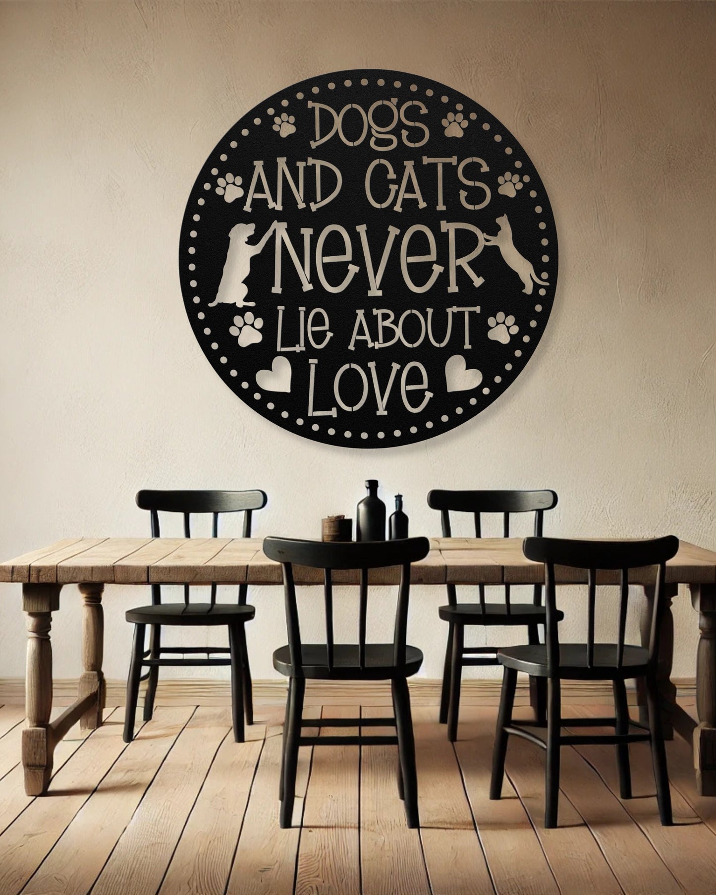 Dogs and Cats Never Lie About Love’ metal sign featuring a loving dog and cat, durable 18-gauge steel wall decor for pet lovers, suitable for indoor or outdoor display. Shown in Black.