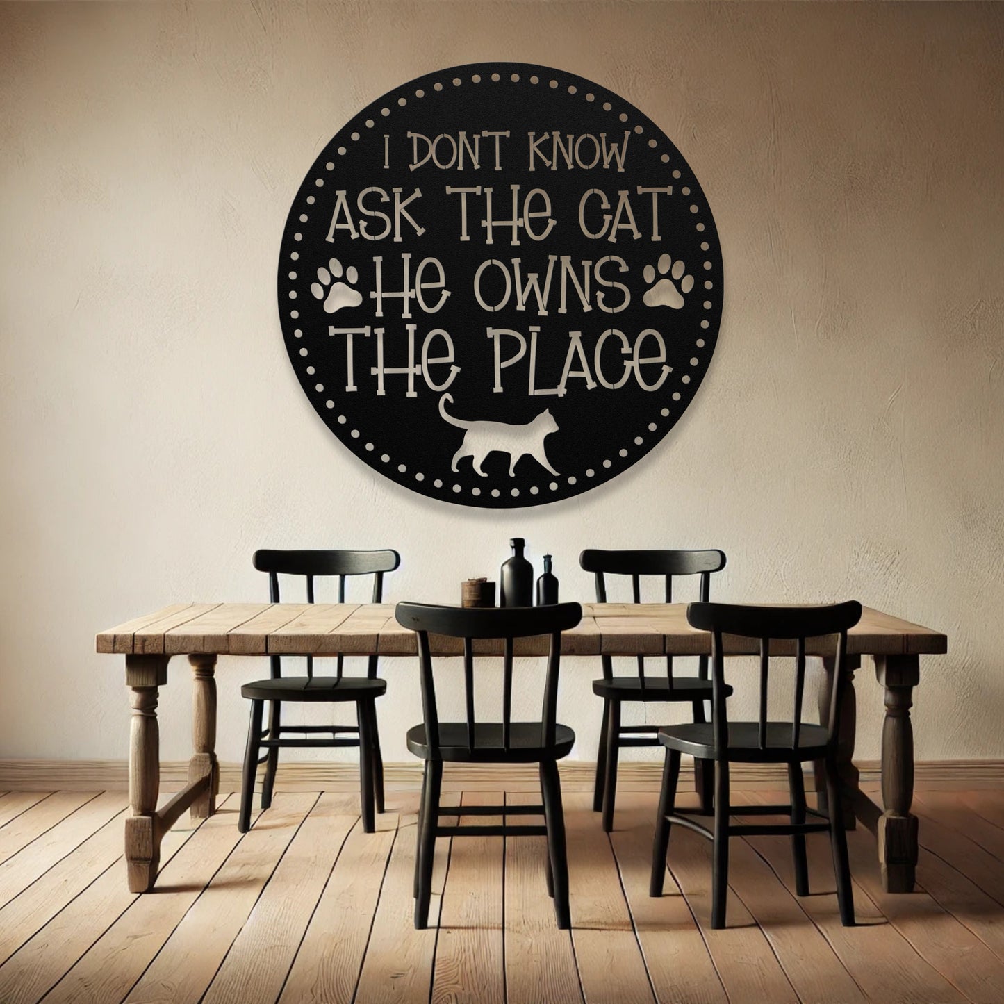 I Don’t Know, Ask the Cat, He Owns the Place’ customizable metal sign, pet-themed wall decor for cat lovers, durable 18-gauge steel in five colors, perfect for indoor or outdoor use. Shown in Black.