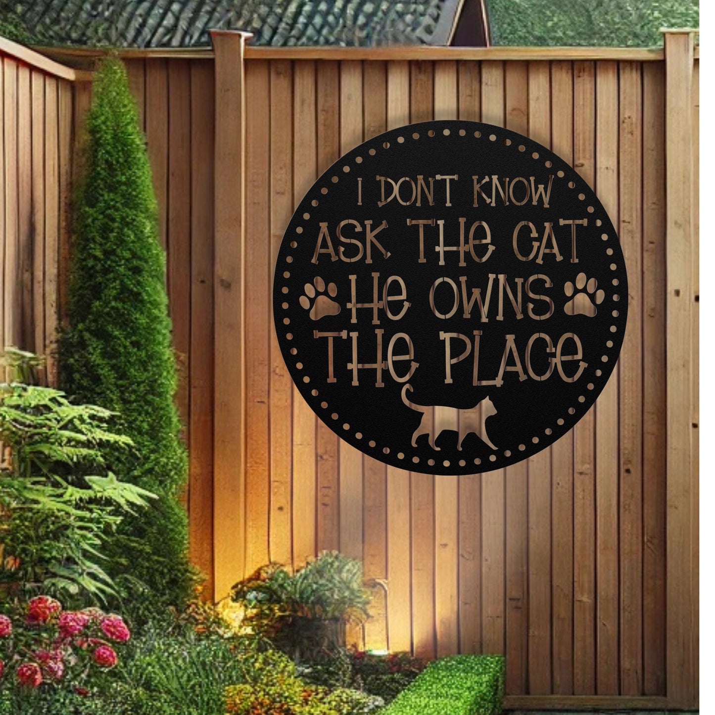 I Don’t Know, Ask the Cat, He Owns the Place’ customizable metal sign, pet-themed wall decor for cat lovers, durable 18-gauge steel in five colors, perfect for indoor or outdoor use. Shown in Black.