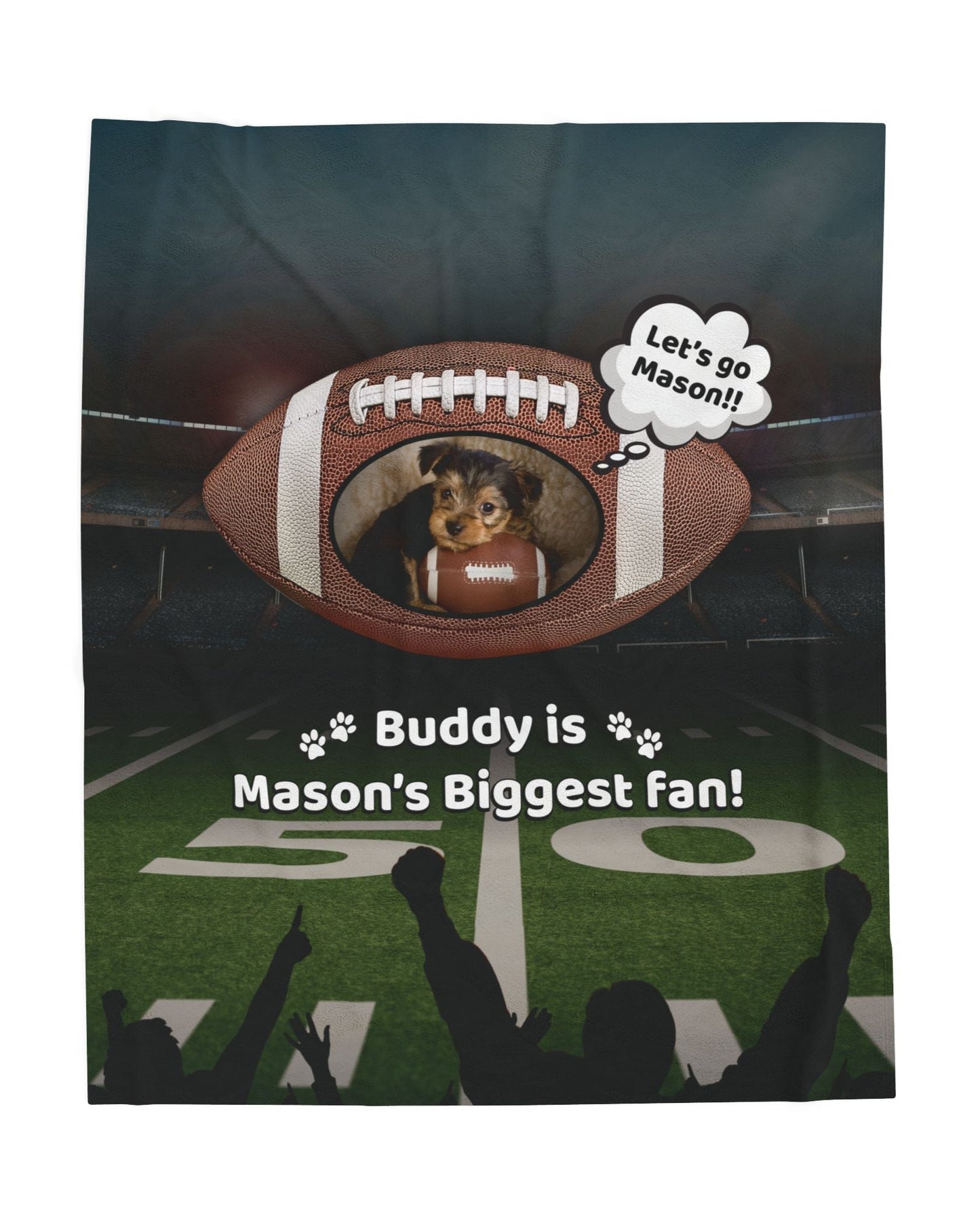 Custom football blanket with pet photo and child’s name – Buddy is Mason’s Biggest Fan design shown on field background