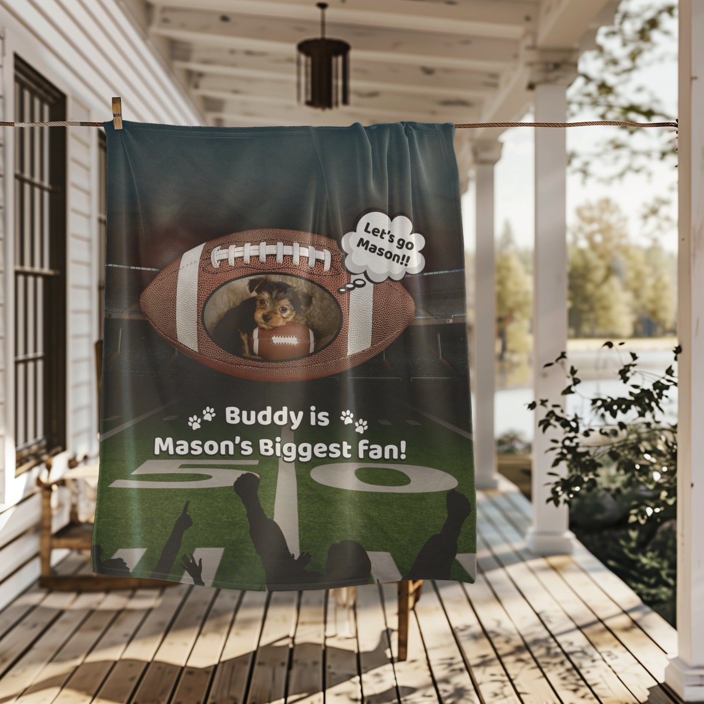 Personalized football-themed pet blanket hanging on a porch clothesline, featuring a dog in a football design and the text “Buddy is Mason’s Biggest Fan” — ideal for pet parents and football families