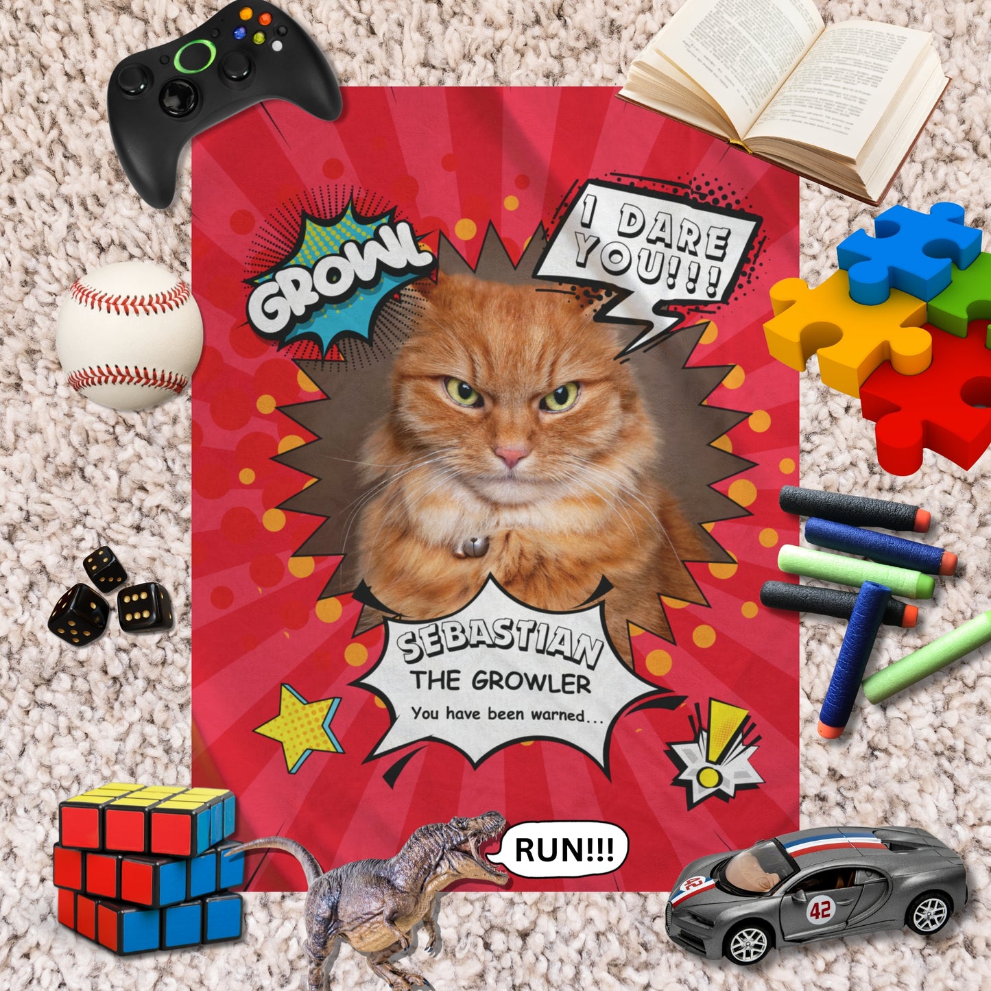 Personalized comic-style cat blanket featuring Sebastian “The Growler” surrounded by colorful kids’ toys, with a dinosaur saying “RUN!” in a playful setup