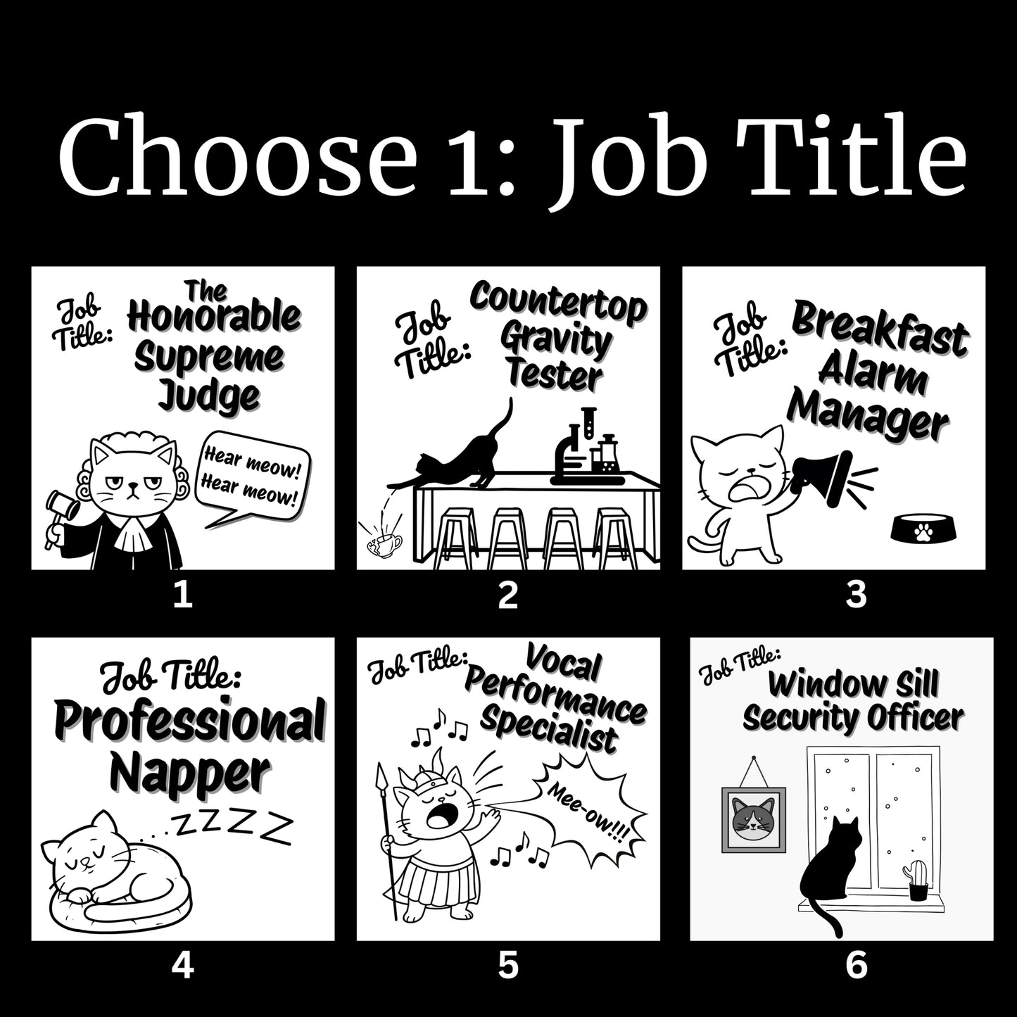 Graphic showing six funny job title options for personalized cat blanket, including Countertop Gravity Tester, Breakfast Alarm Manager, and Vocal Performance Specialist