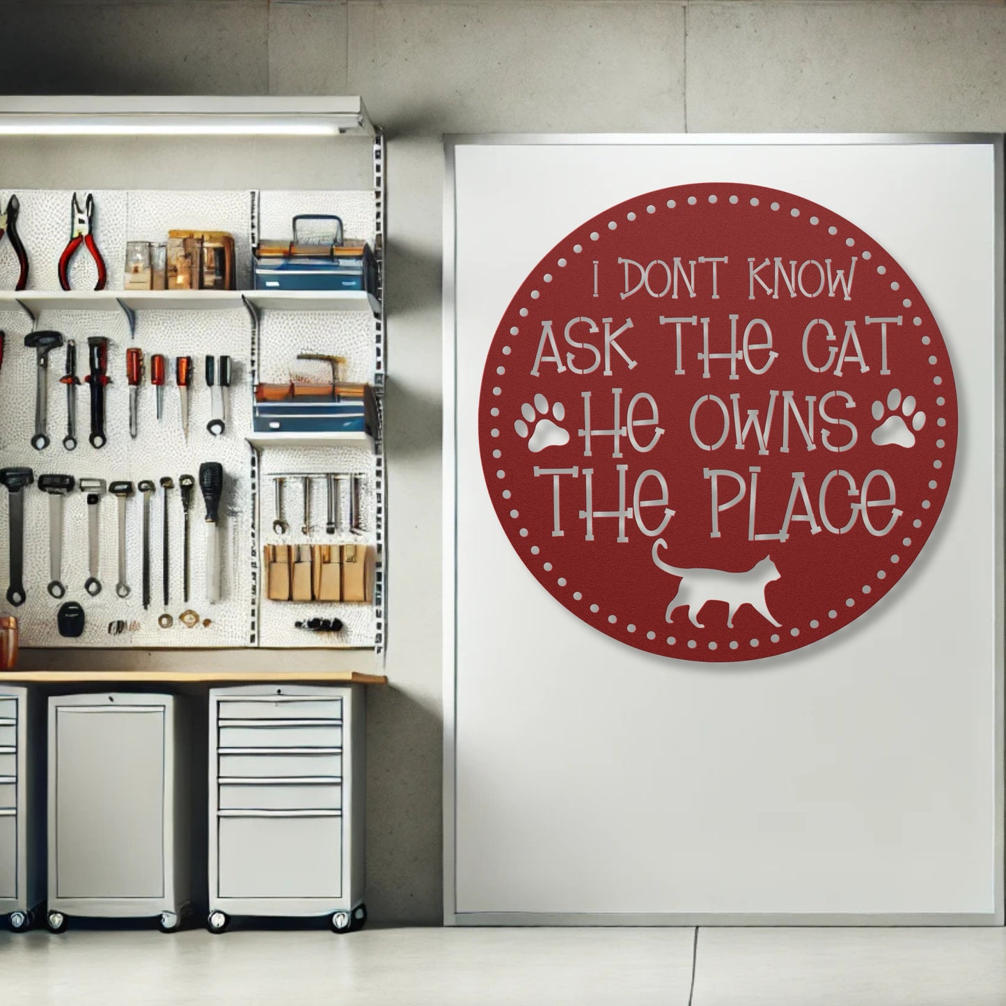 I Don’t Know, Ask the Cat, He Owns the Place’ customizable metal sign, pet-themed wall decor for cat lovers, durable 18-gauge steel in five colors, perfect for indoor or outdoor use. Shown in Red.
