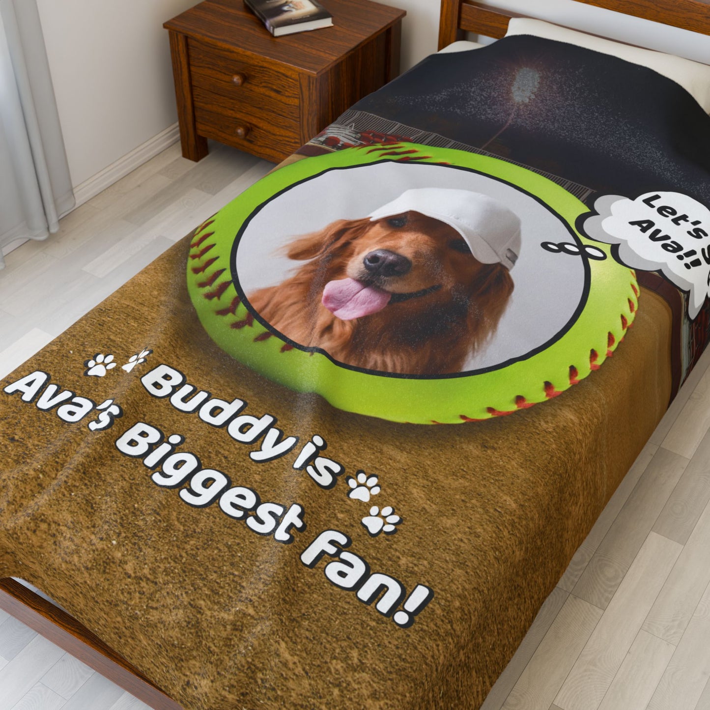 Oversized 60x80 personalized softball dog blanket featuring Buddy and the phrase “Buddy is Ava’s Biggest Fan,” displayed on a twin bed — ideal for older kids, teens, or full-coverage comfort at the ballpark
