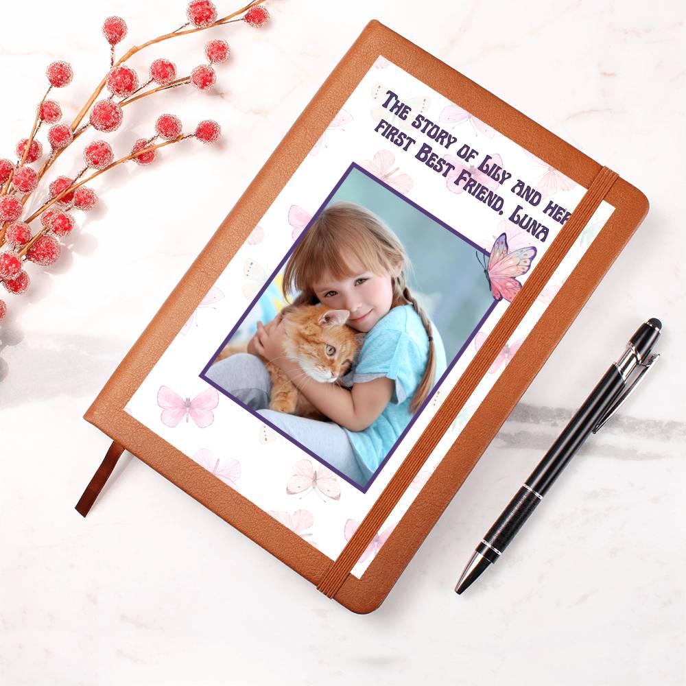 Custom journal with photo, child’s name, and pet’s name on vegan leather cover