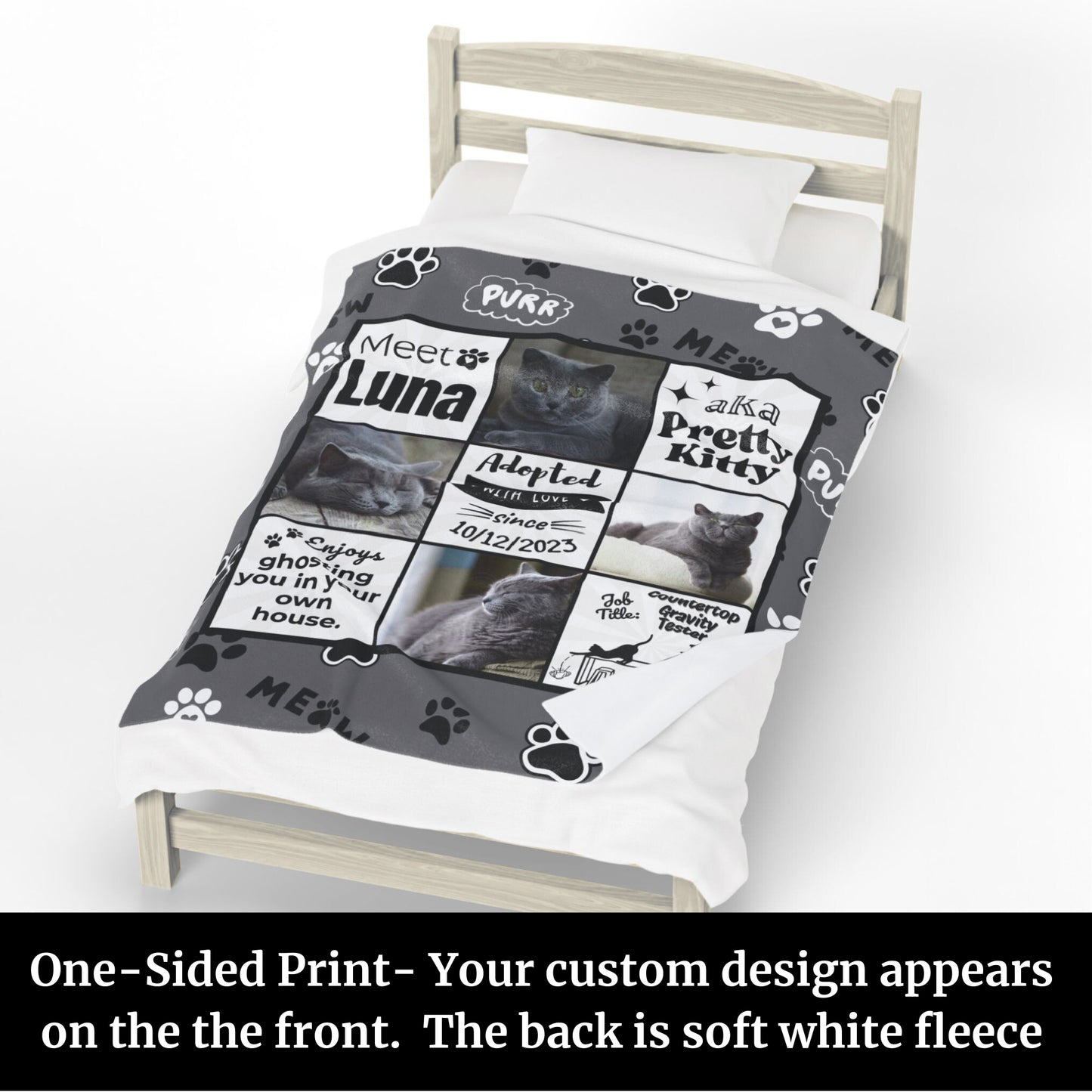 One-sided personalized cat photo blanket with gray rescue cat Luna shown on bed, featuring adoption date, job title “Countertop Gravity Tester,” and phrase “ghosting you in your own house