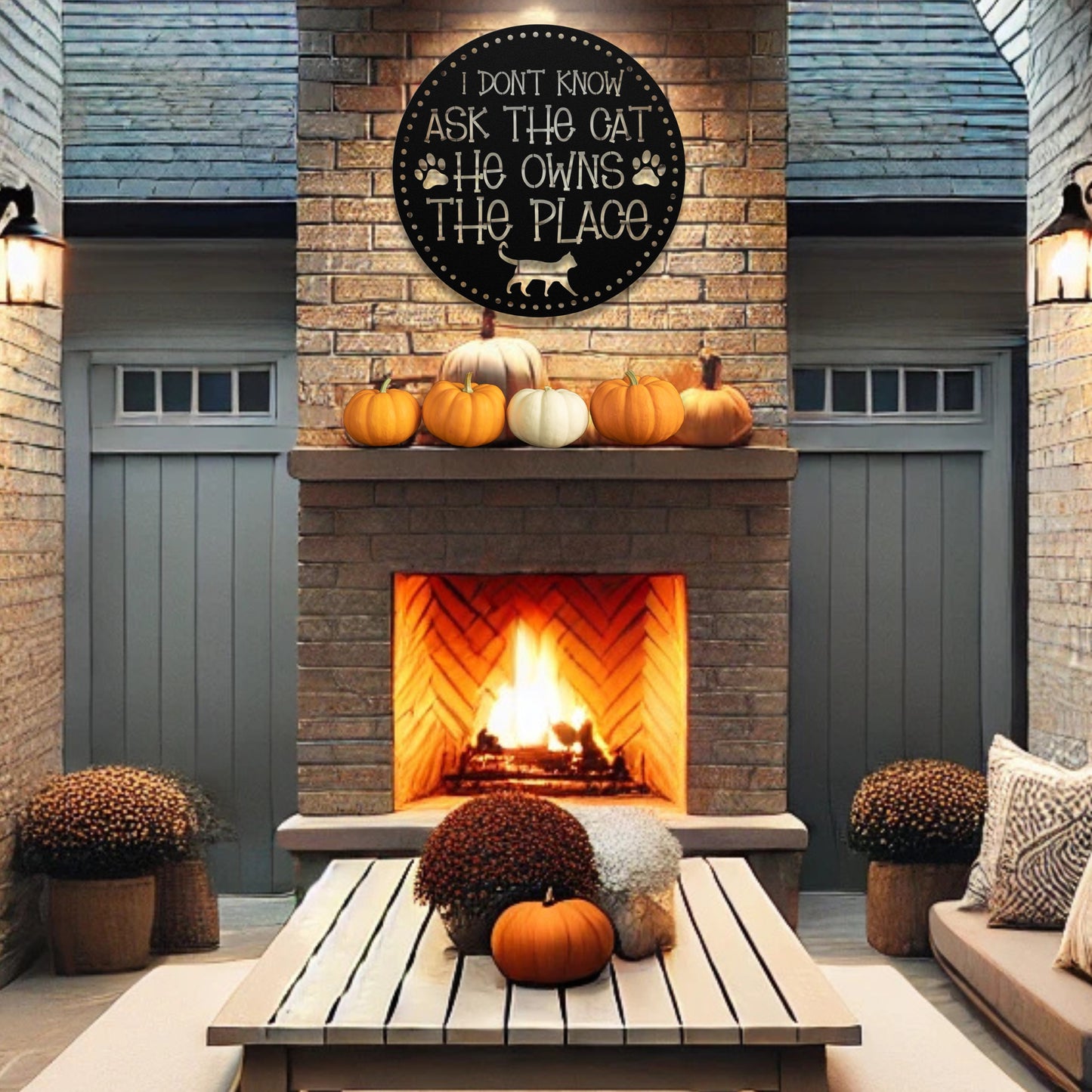 I Don’t Know, Ask the Cat, He Owns the Place’ customizable metal sign, pet-themed wall decor for cat lovers, durable 18-gauge steel in five colors, perfect for indoor or outdoor use. Shown in Black.