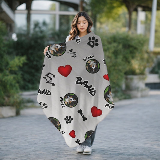 Teen girl holding a personalized dog blanket with pet photos and 'Band' design — perfect gift for music-loving pet owners