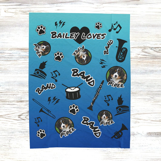 Personalized band-themed pet blanket in Pep Rally Blue with dog photo and student name