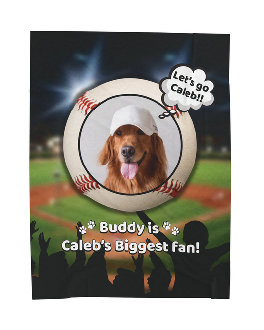 Custom baseball dog blanket featuring Buddy with a white cap and the phrase “Buddy is Caleb’s Biggest Fan,” set against a lit stadium and cheering crowd
