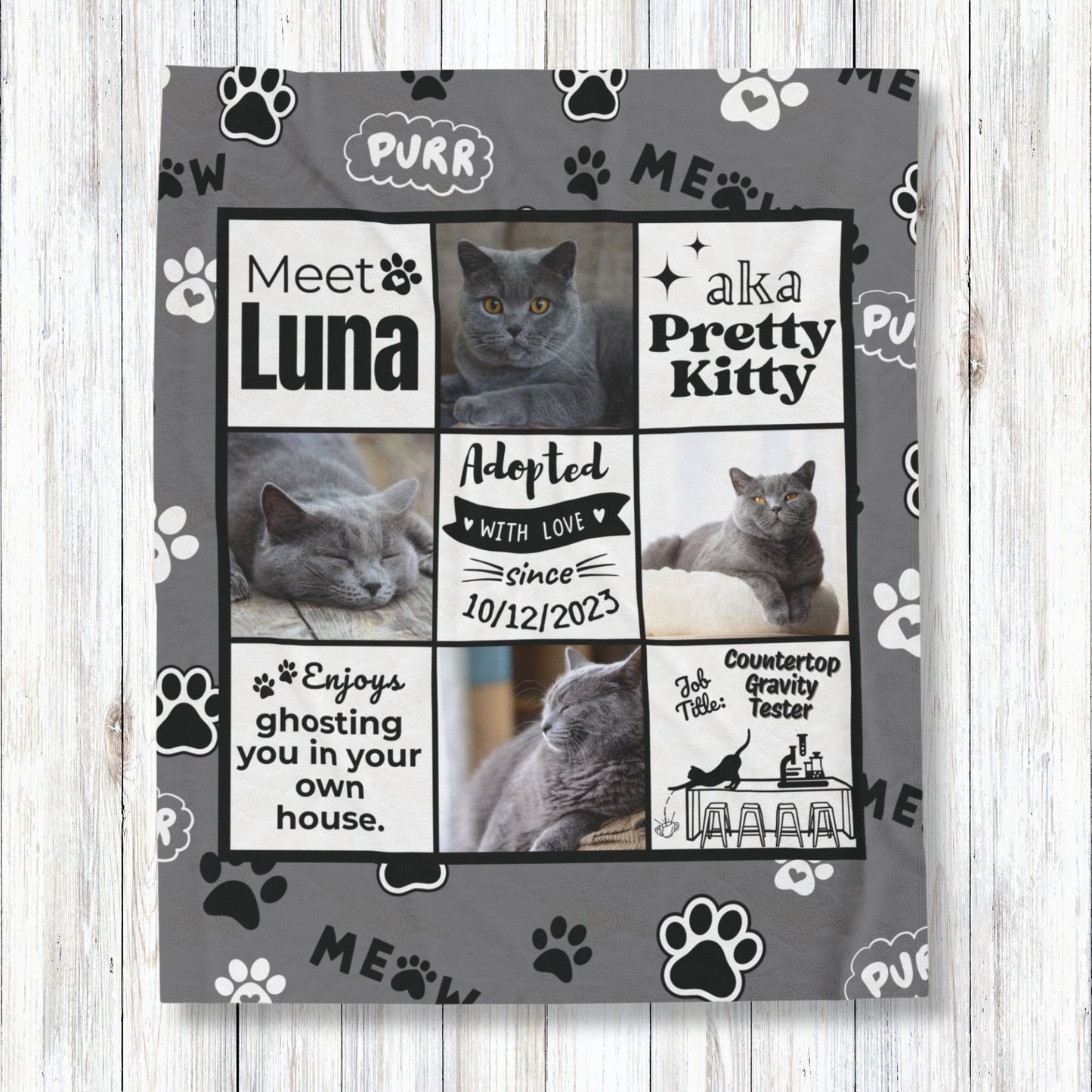 Custom cat adoption blanket featuring gray cat Luna with job title "Countertop Gravity Tester" and enjoys phrase "ghosting you in your own house