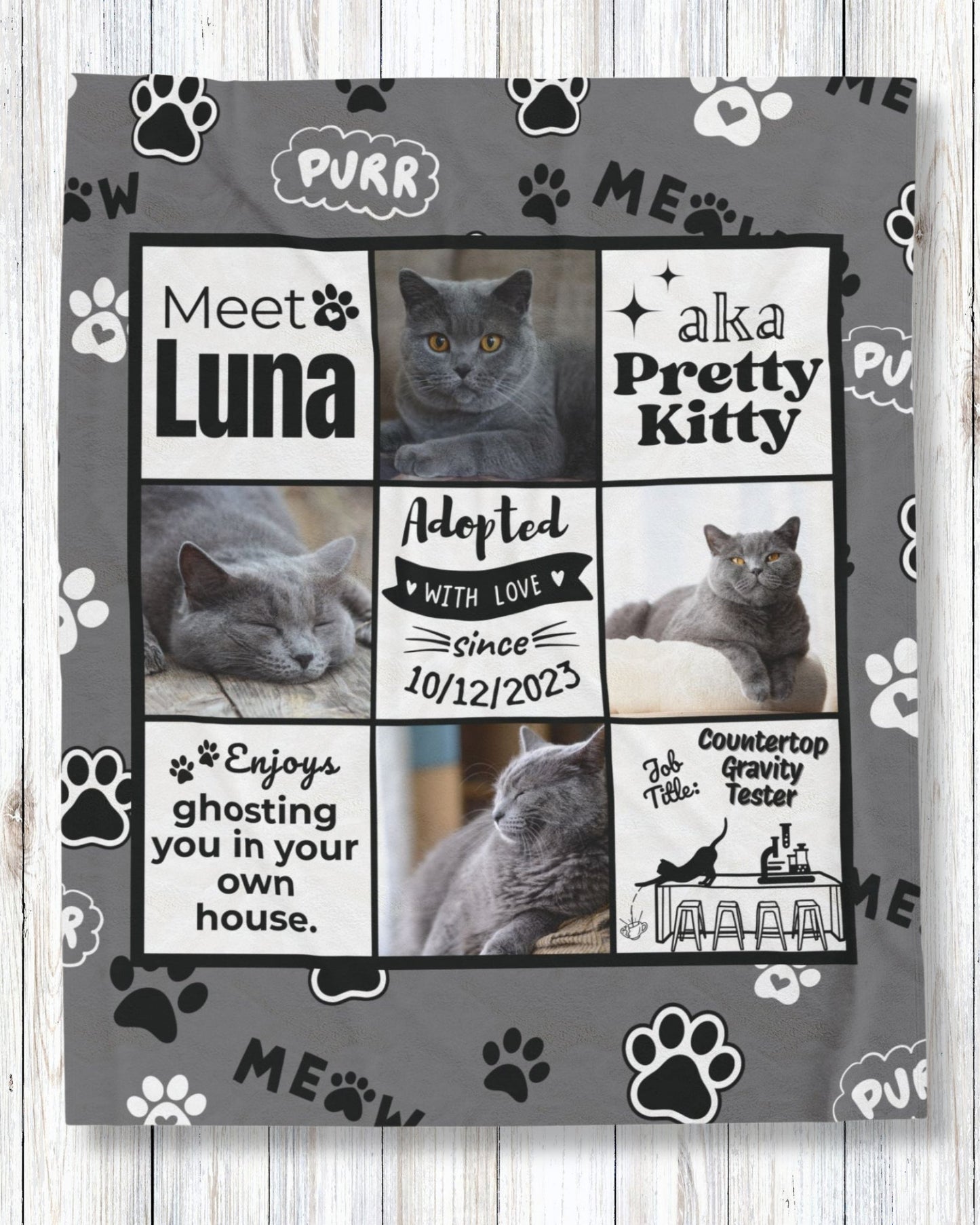Custom cat adoption blanket featuring gray cat Luna with job title "Countertop Gravity Tester" and enjoys phrase "ghosting you in your own house