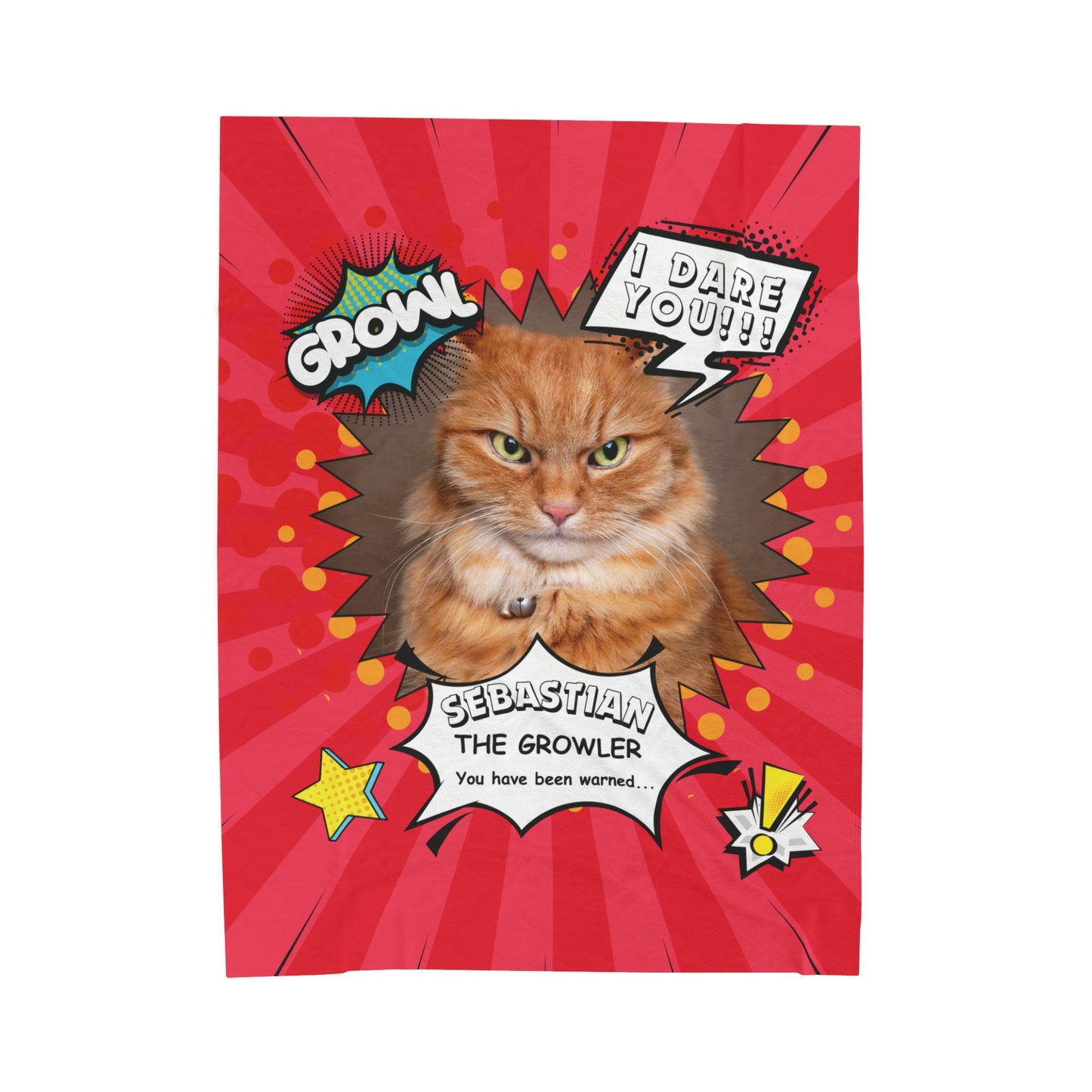 Front-facing view of a personalized comic-style cat blanket with a fierce orange tabby named Sebastian and comic text saying “Growl” and “I Dare You!”