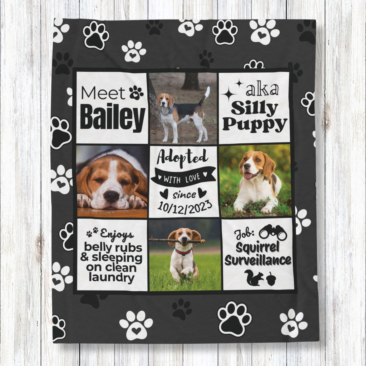 Personalized dog adoption blanket with custom name, nickname, photos, adoption date, and fun phrases — ideal keepsake gift for new pet parents or rescue dog owners