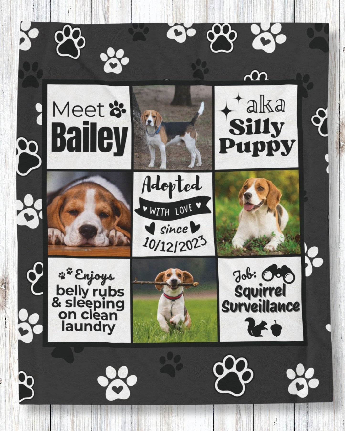 Personalized dog adoption blanket with custom name, nickname, photos, adoption date, and fun phrases — ideal keepsake gift for new pet parents or rescue dog owners