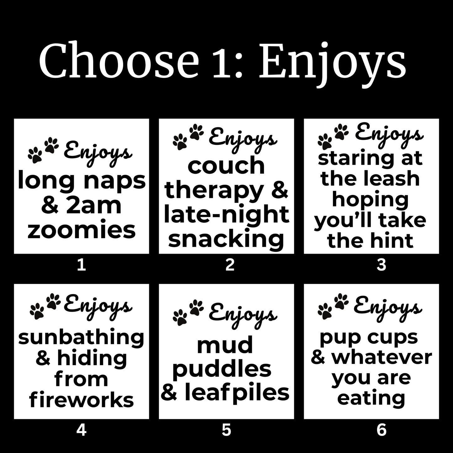 Custom dog blanket personalization options for "Enjoys" phrase, including six funny dog traits like long naps, late-night snacking, pup cups, and zoomies