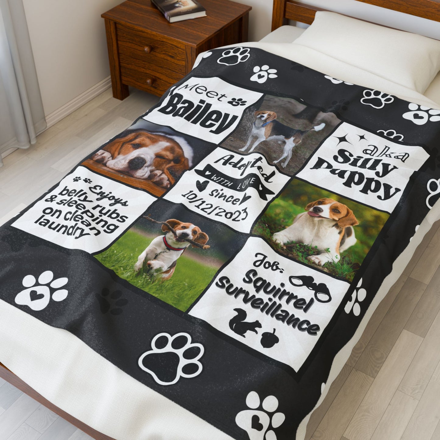 Custom pet photo blanket laid on a bed, featuring dog pictures, name, nickname, and adoption date — perfect keepsake gift for dog moms, dads, or new rescue pet parents