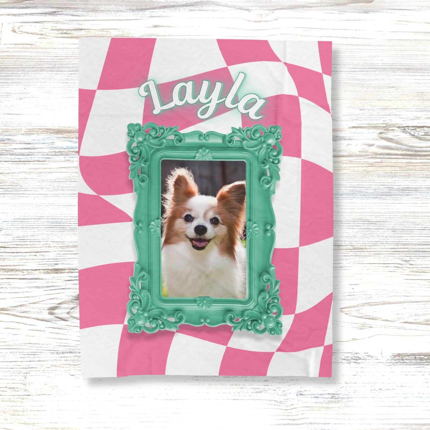 Custom pink checkered dog blanket with name Layla and pet photo in teal frame