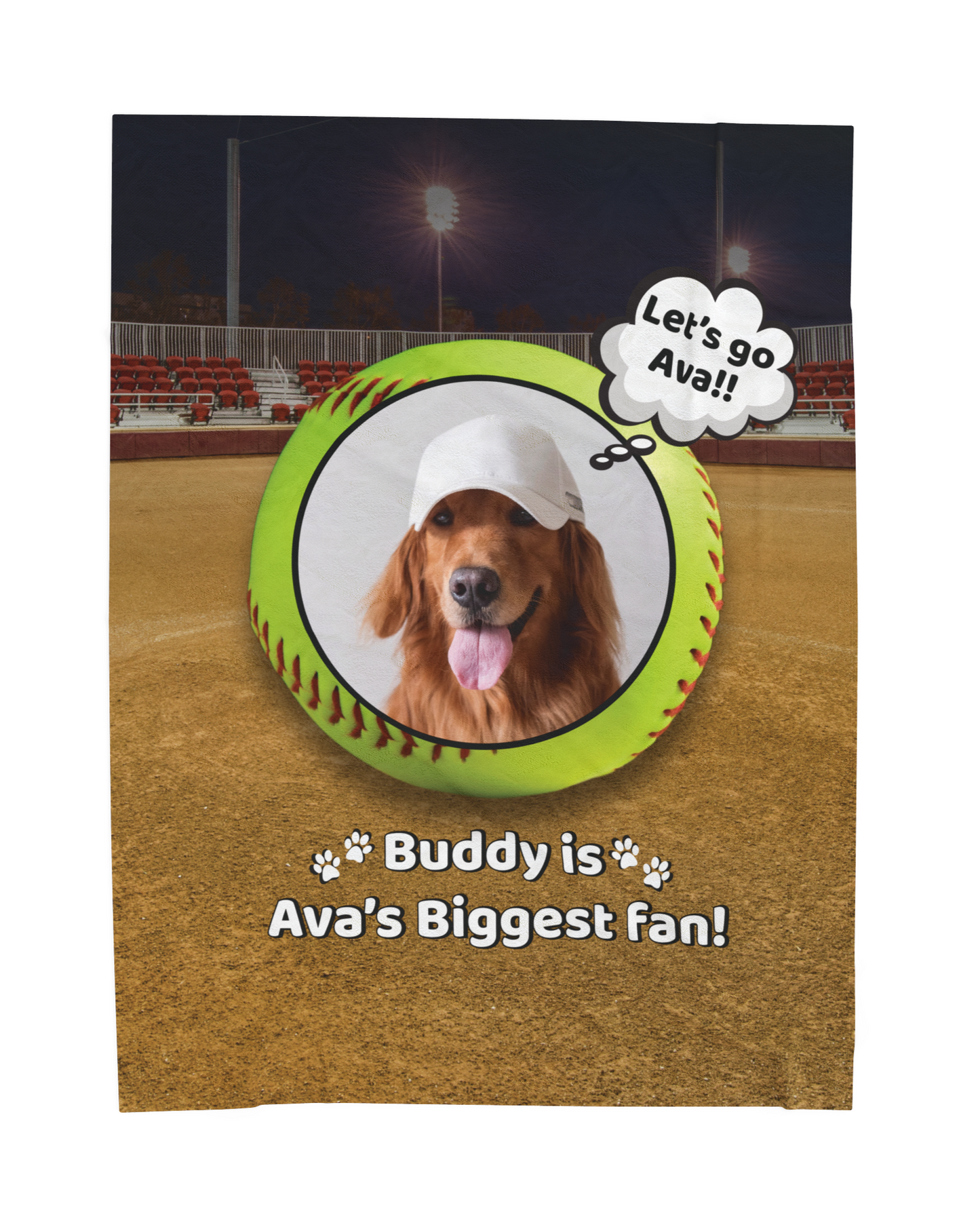 Personalized softball dog blanket with photo of Buddy and the message "Buddy is Ava's Biggest Fan" on a softball field background